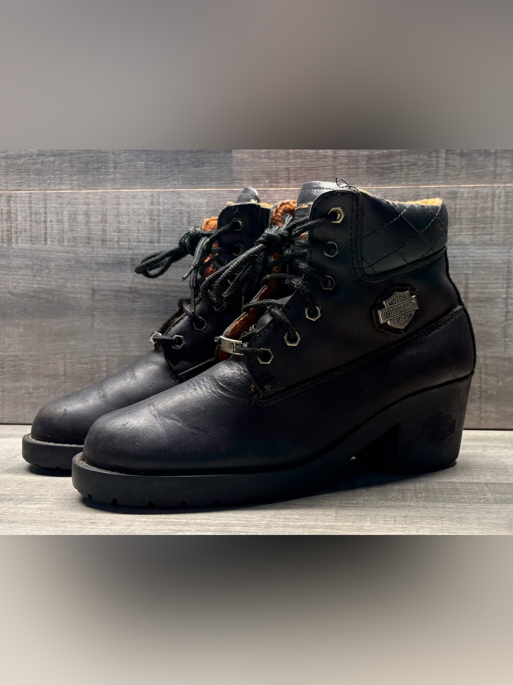 Harley-Davidson Women’s 6.5 Black Leather Lace Up Ankle Boots Block Heel